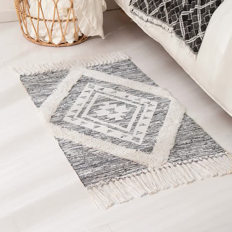 Handwoven Cotton Tassel Floor Rug for Bedroom or Living Room|Soft, Modern Geometric Design,60x90cm