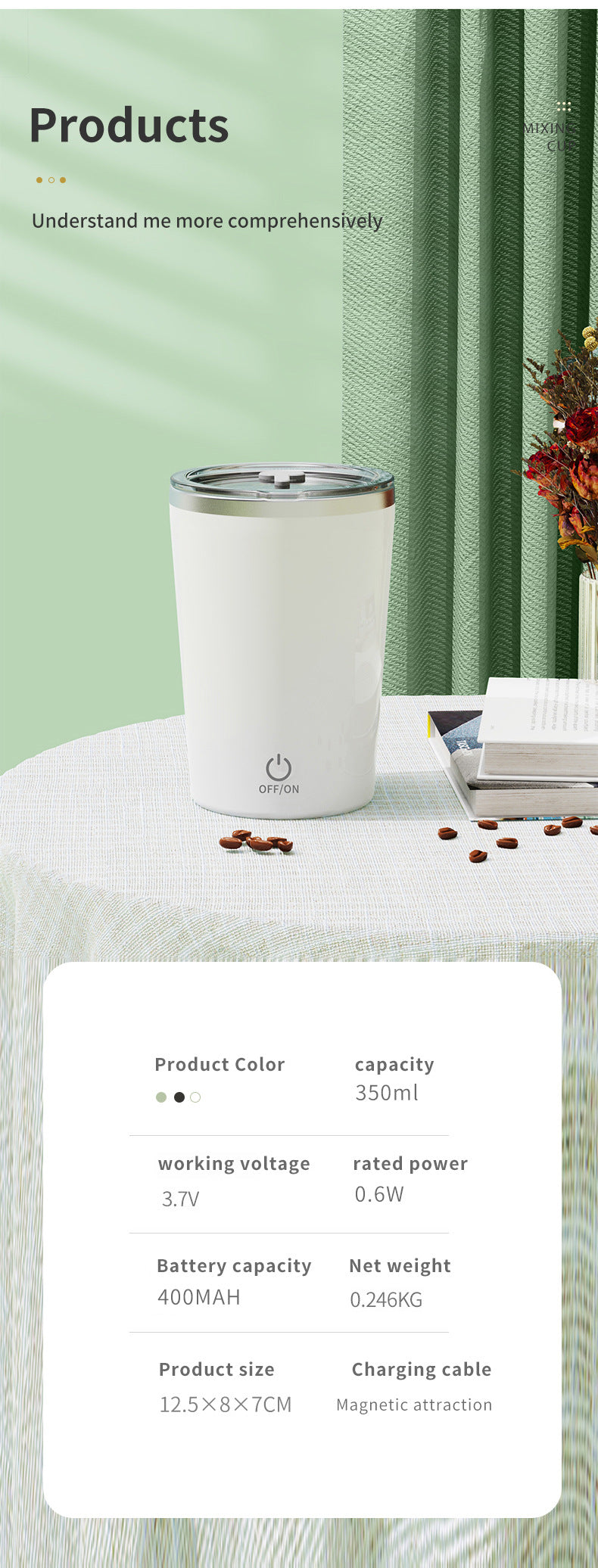 Green Portable Automatic Mixing Coffee Cup - Stainless Steel Magnetic Stirrer(No handle)