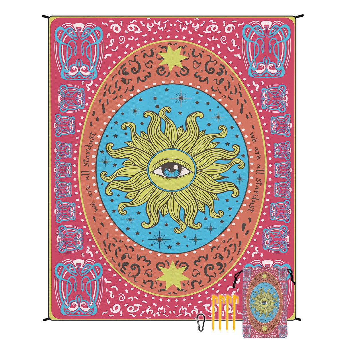 Beach mat with colorful circular sun-eye pattern, red and purple border, corner grommets