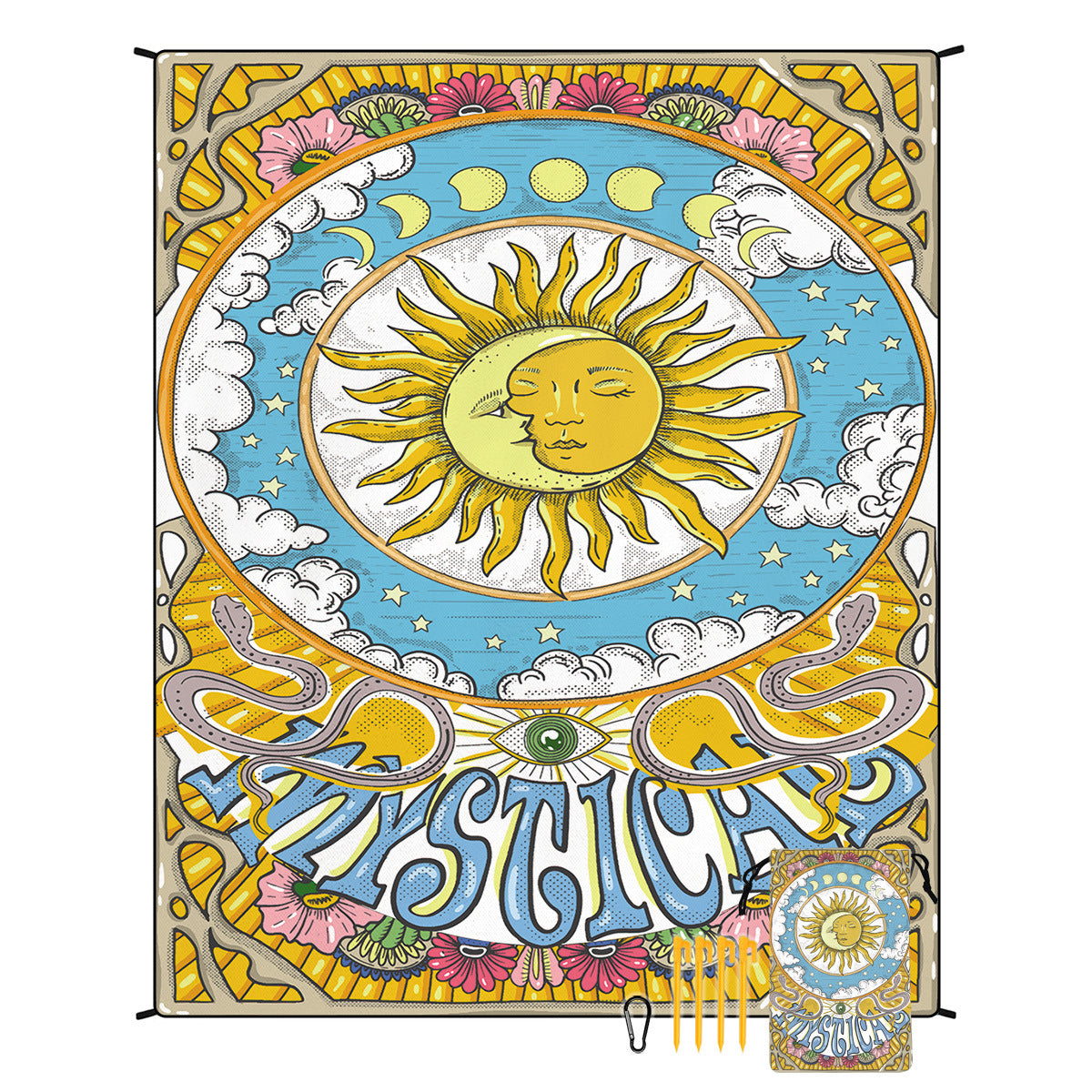 Beach mat with colorful boho pattern featuring a central sun and decorative border.