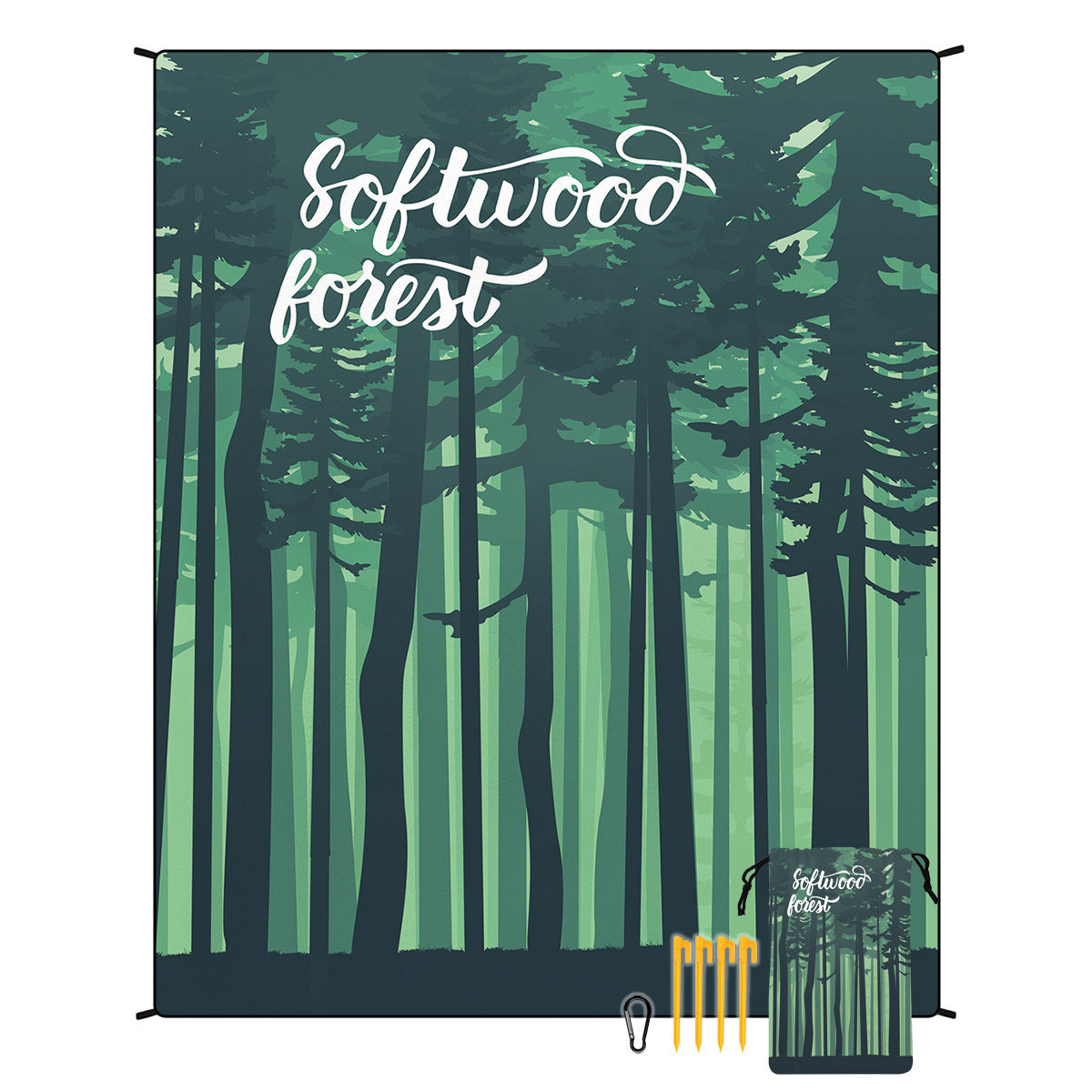 Forest-printed outdoor picnic blanket mat with compact storage pouch and stake clips