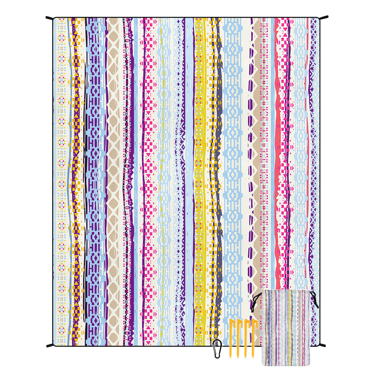 Colorful patterned beach mat with zipper mesh bag and stakes