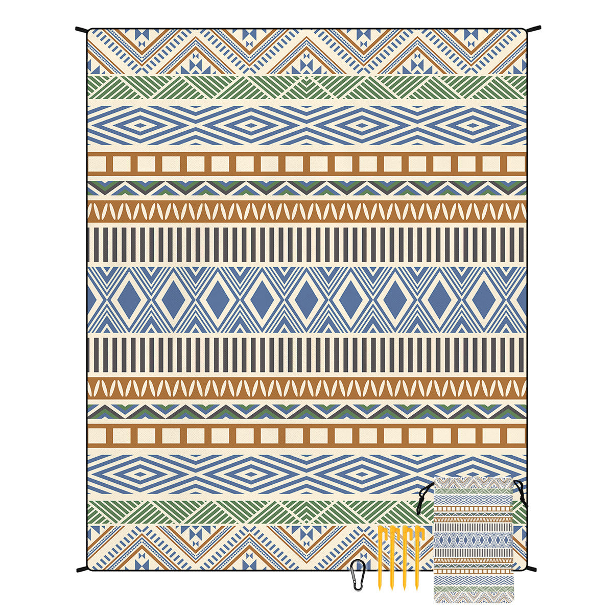 Colorful geometric beach mat with striped patterns and tassel corner detail