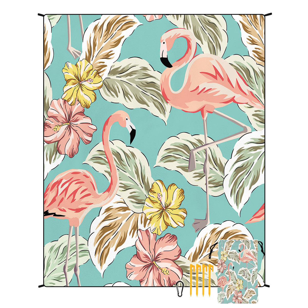 Beach mat picnic blanket with teal flamingo and tropical leaf print