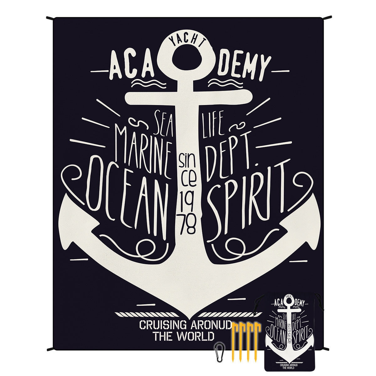 Black fabric beach mat pouch with white anchor logo and “YACHT ACADEMY” text.