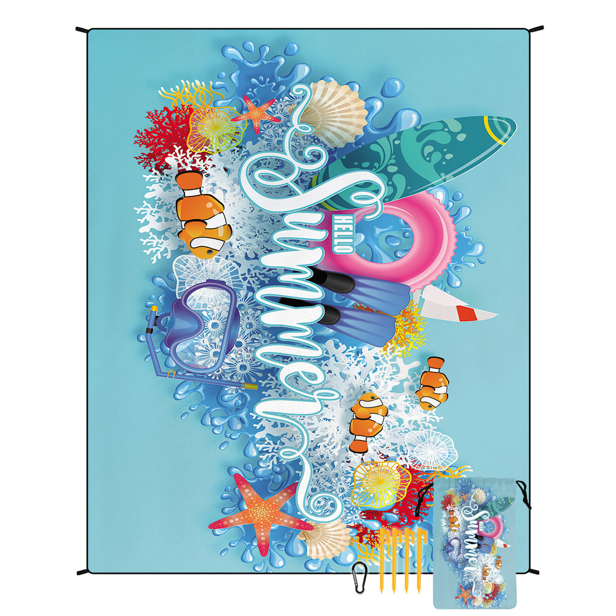 Colorful boho beach mat blanket with sea-themed splash pattern and grommet corners