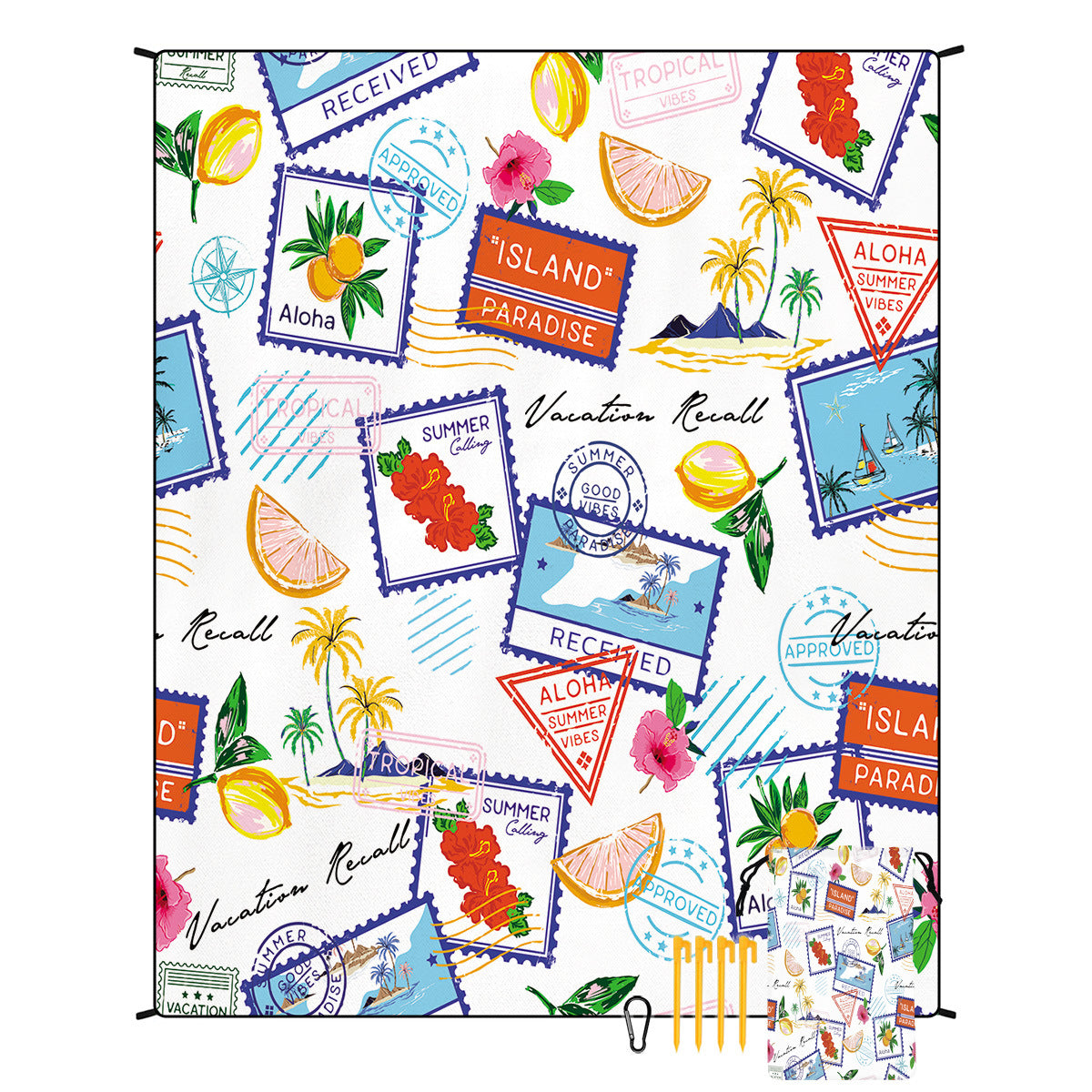 Geometric beach mat with multicolor stamps pattern, folded with carry pouch