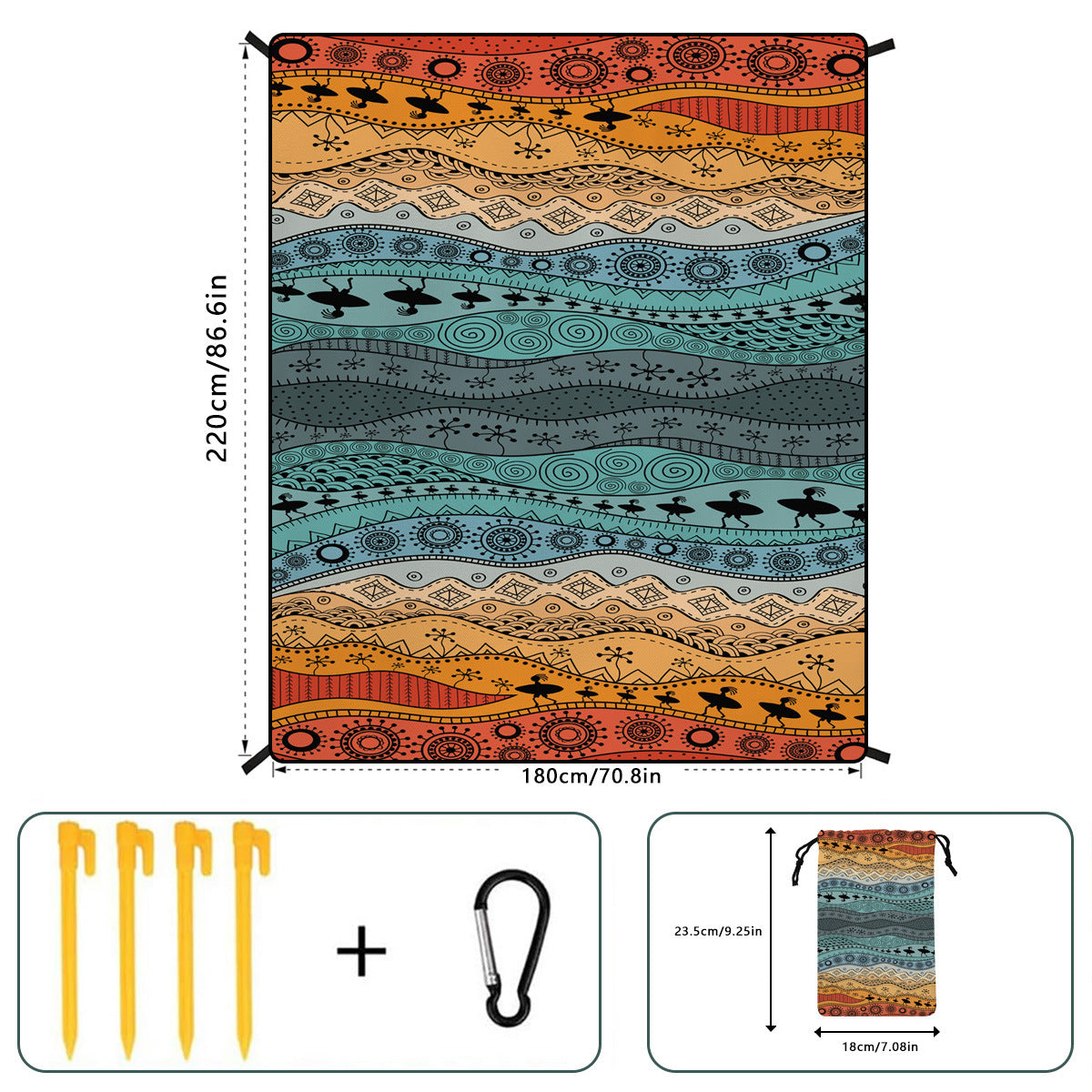 Geometric beach mat, folded with grommets and included pegs and hook