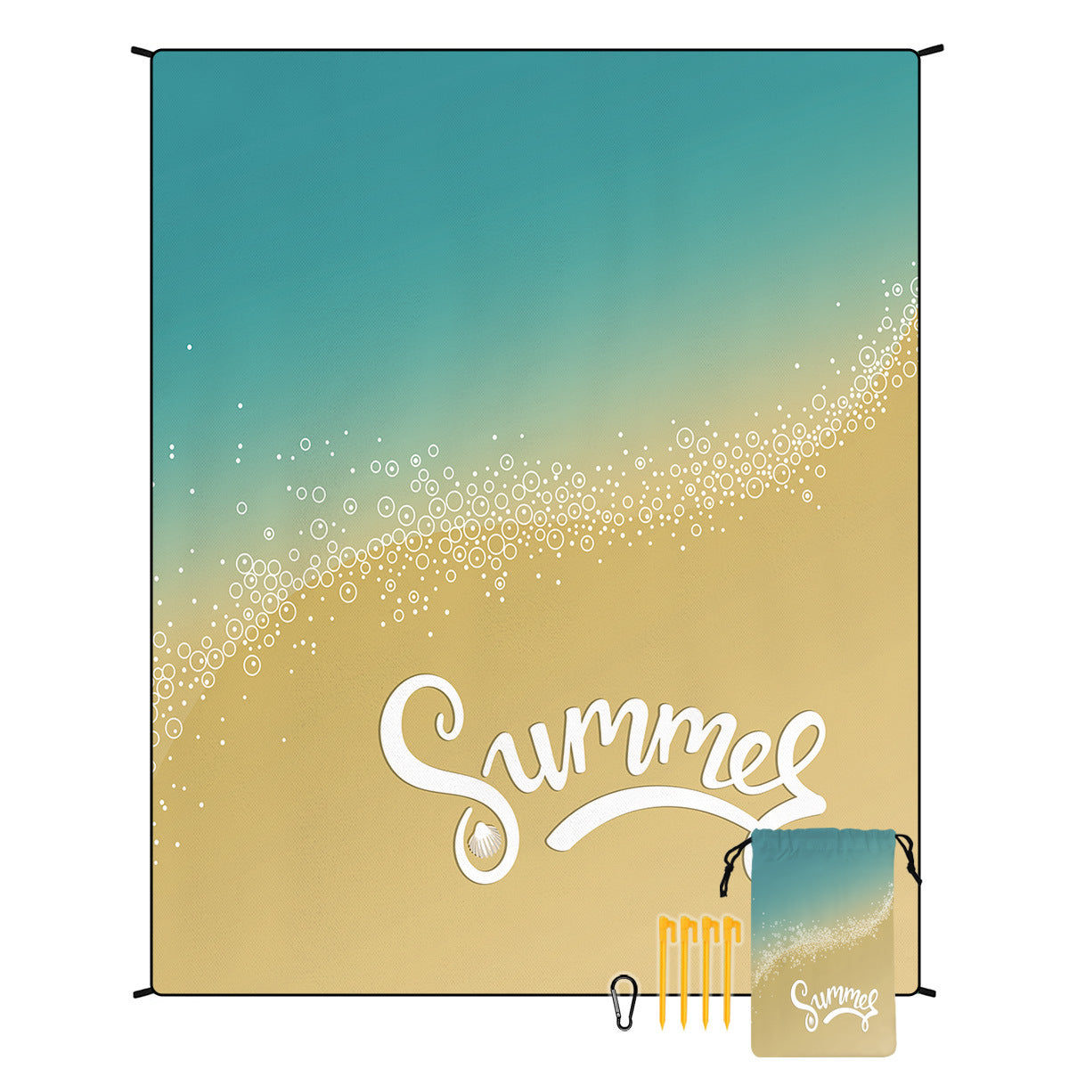Beach mat blanket with teal-to-tan gradient and tan border, summer graphic