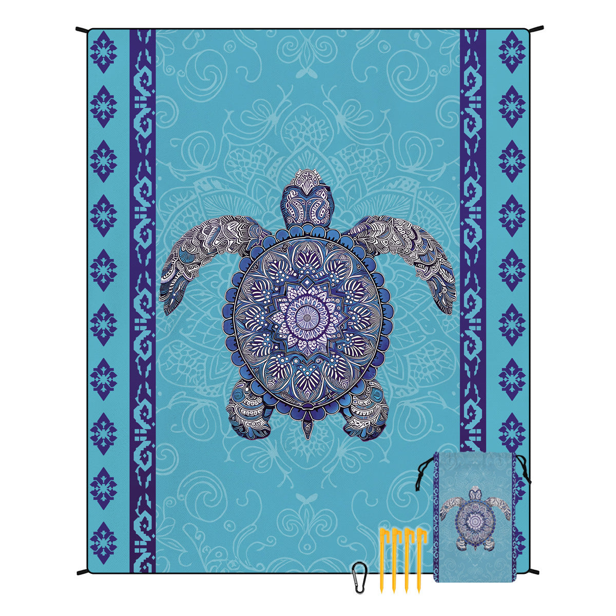 Blue beach mat blanket with teal sea turtle center and purple border pattern