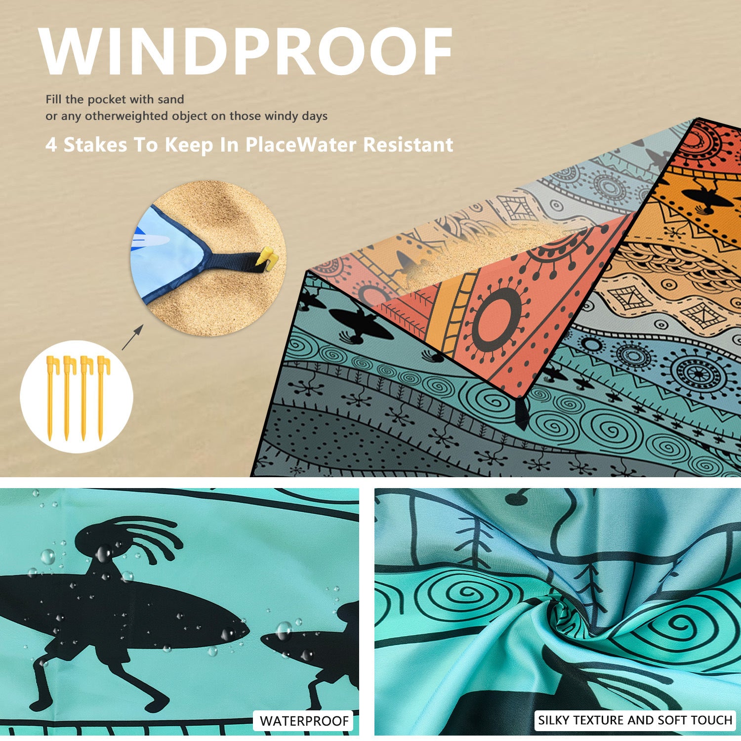 Boho beach mat corner with grommet plus included stakes and fabric texture close-up