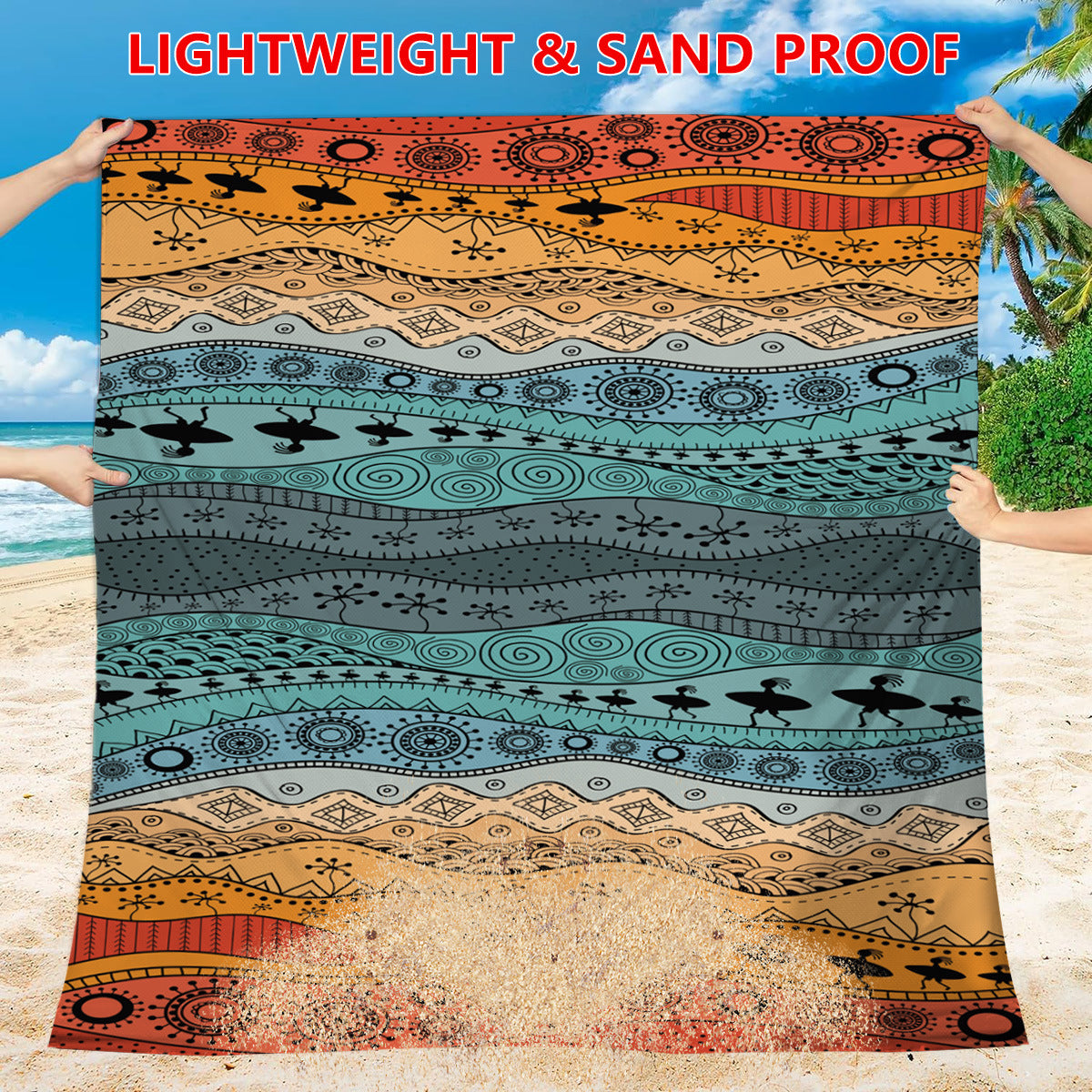 Multicolor boho beach mat blanket laid flat on sand, with decorative stripe pattern