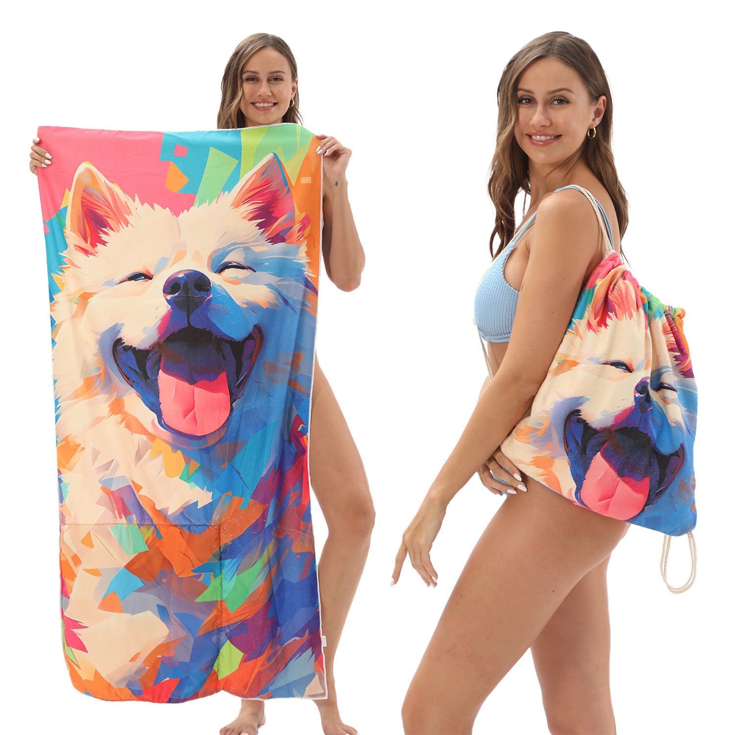 Foldable beach towel with colorful dog face geometric pattern