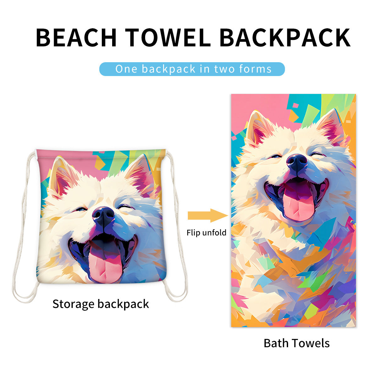 Beach towel set with matching dog face towel and drawstring storage backpack