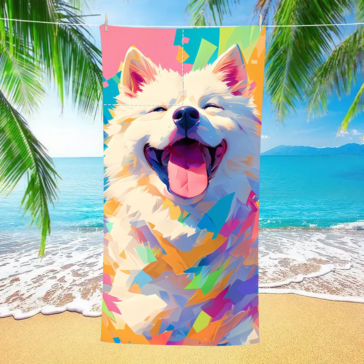 Colorful geometric dog face beach towel hanging vertically