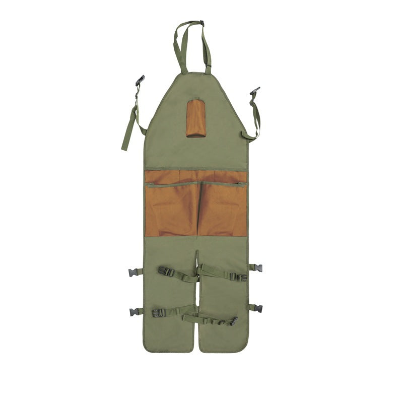 Gardening leg apron in olive green with brown front pocket and adjustable straps
