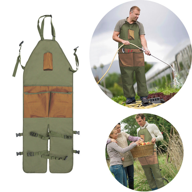 Gardening leg apron in olive green with brown waist panel, multi-pocket design and ties