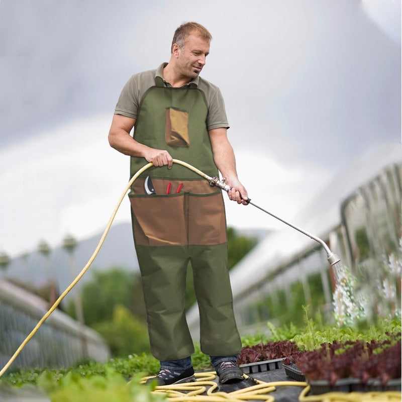 Gardening leg apron, olive green bib with brown pocket and front webbing straps