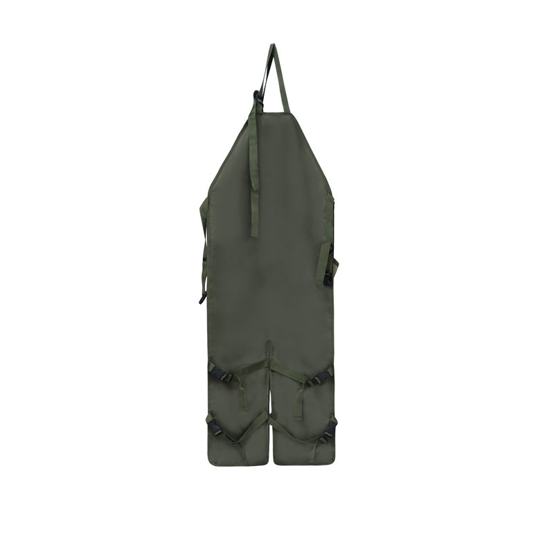 Gardening leg apron in olive green with front bib, side loops, and lower snap straps