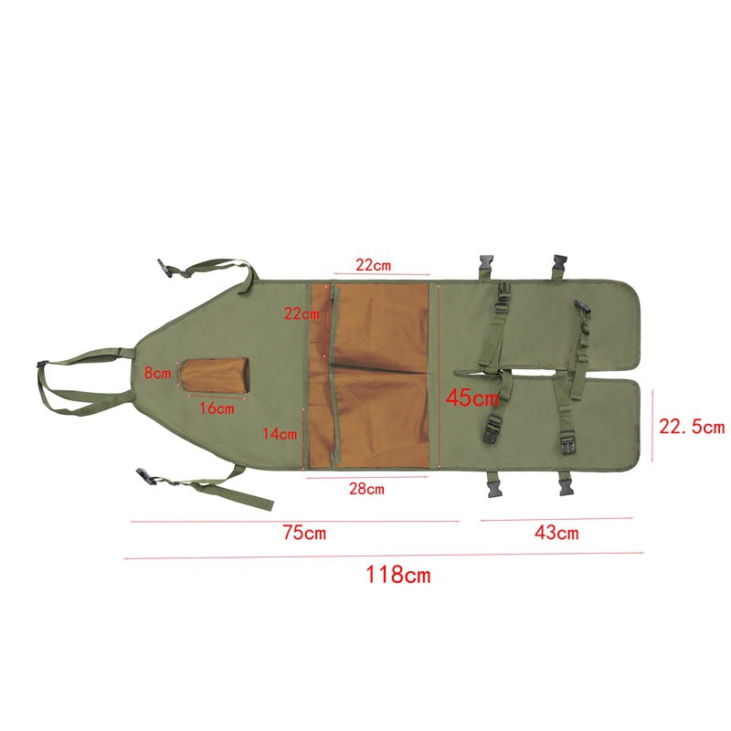 Gardening leg apron flat layout with labeled pockets and measurement dimensions in cm