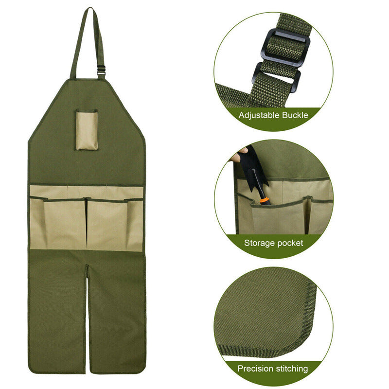 Gardening leg apron with adjustable buckle straps, green and beige panels, multi pockets and stitched seams.