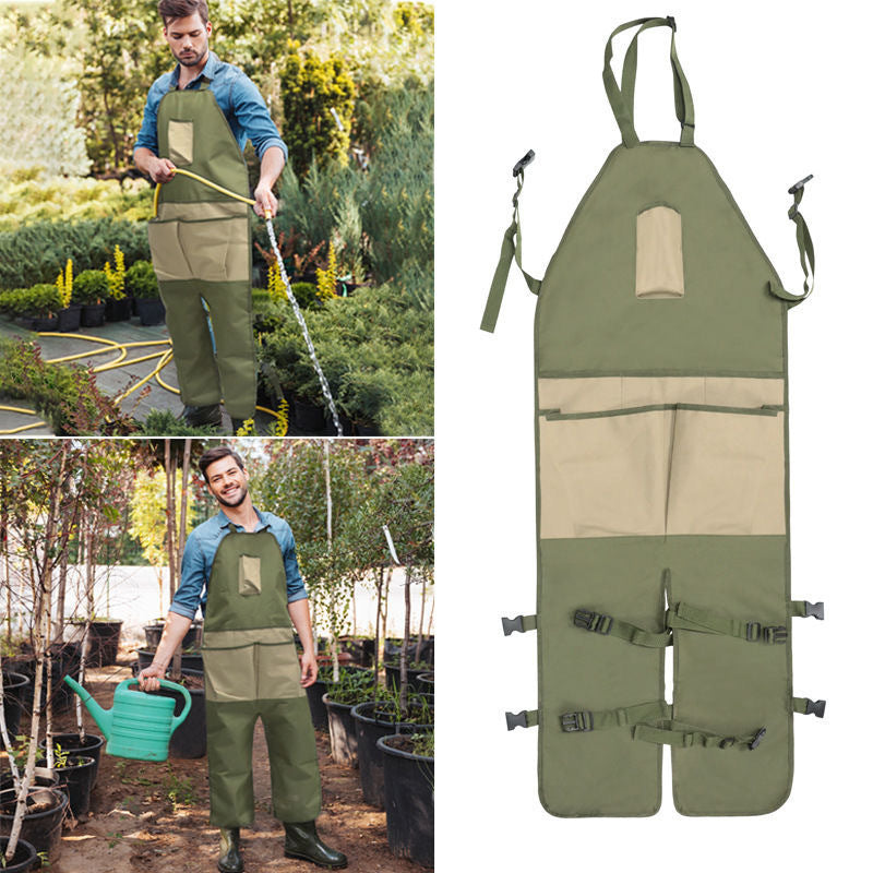 Gardening leg apron, green with beige front panel, wide storage pocket and lower leg coverage.