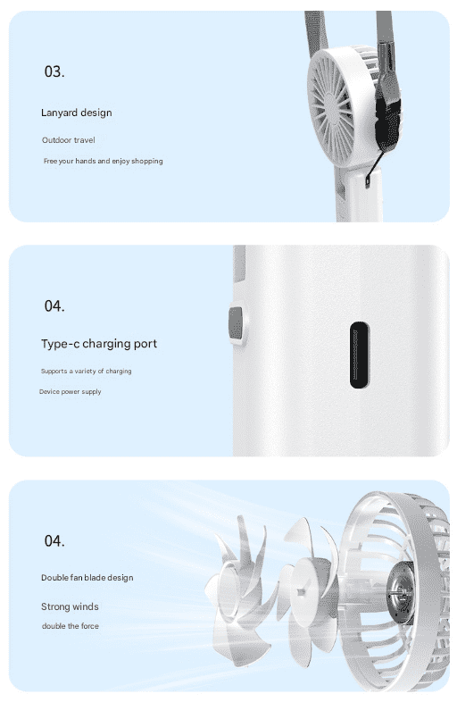 Dual-Blade Portable Neck Fan - Rechargeable USB Fan with Carabiner