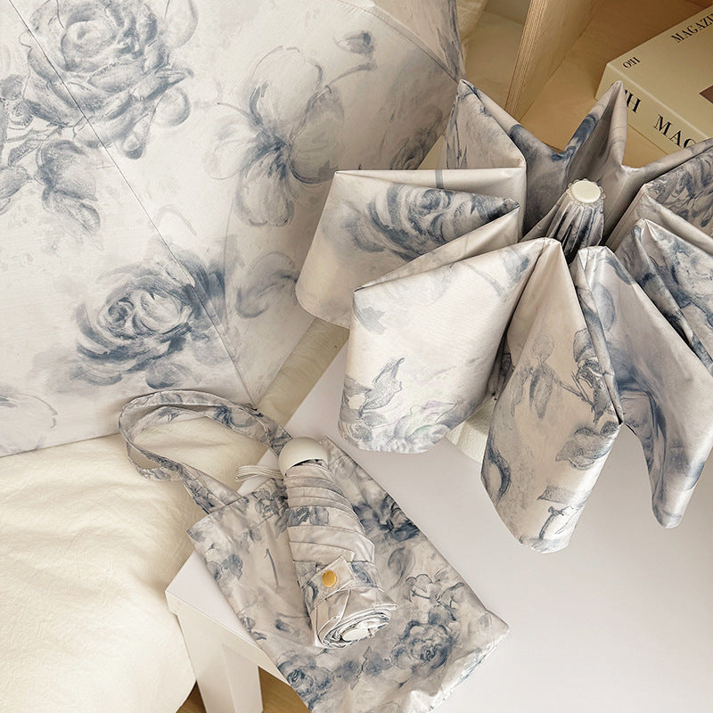 Haze Blue Flowers Mini 5-Fold Umbrella - Portable, Anti-UV, Black Glue Coating