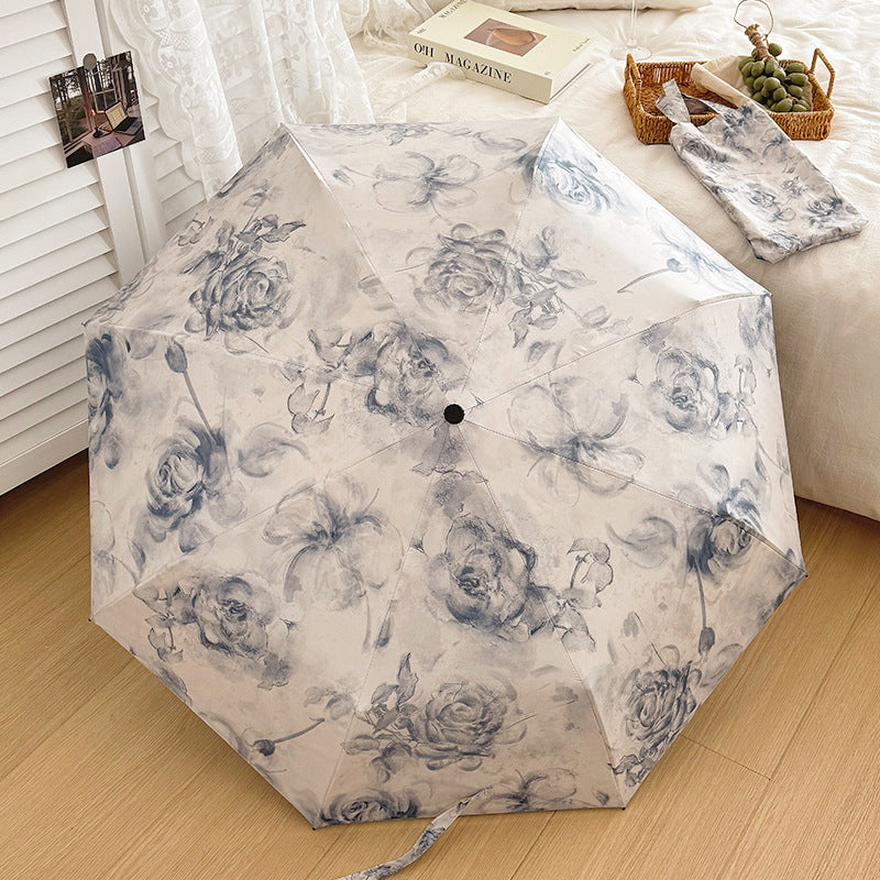 Haze Blue Flowers Mini 5-Fold Umbrella - Portable, Anti-UV, Black Glue Coating