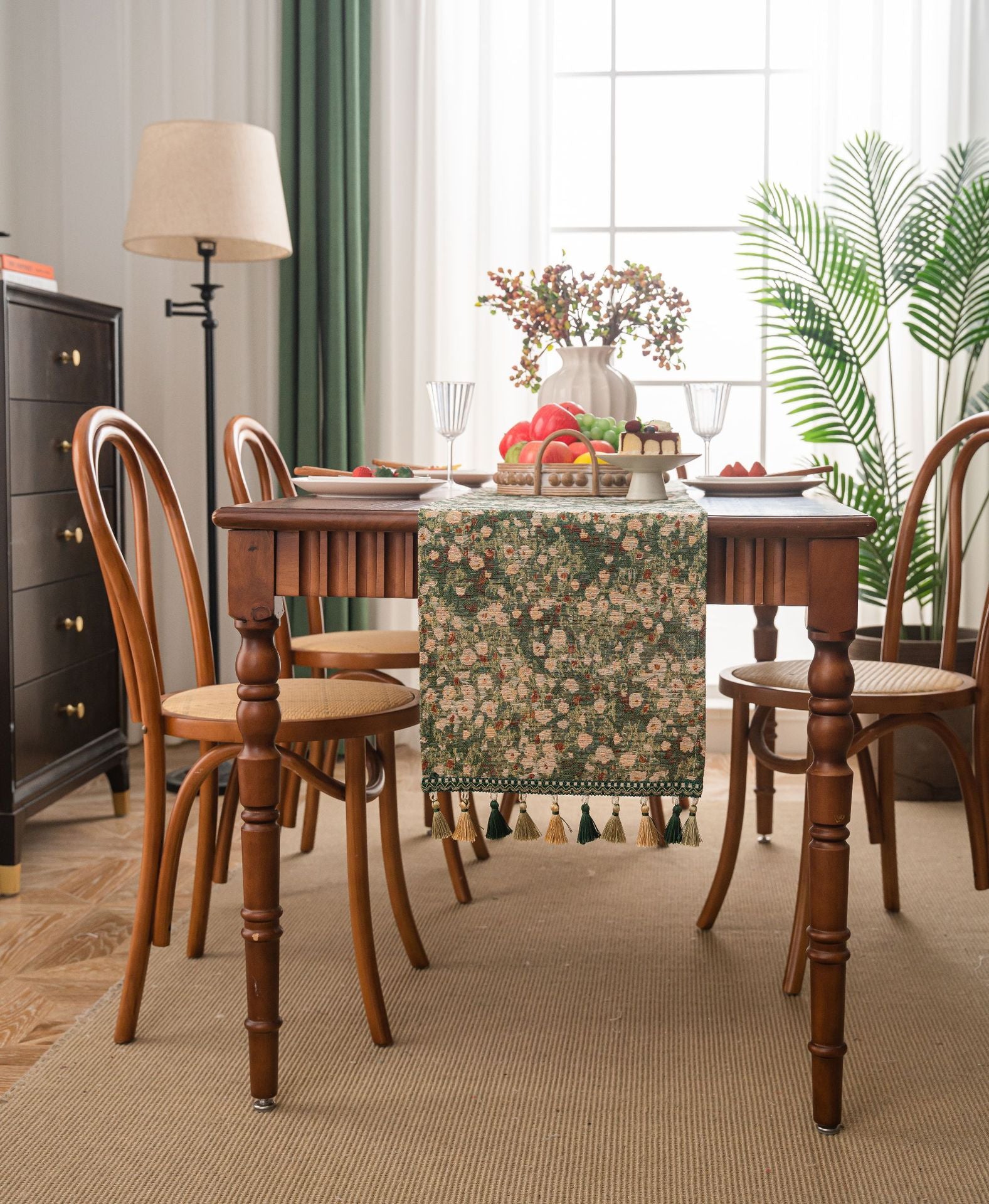 Floral Table Runner with Tassels - Jacquard Green Farmhouse Style (33x220cm)