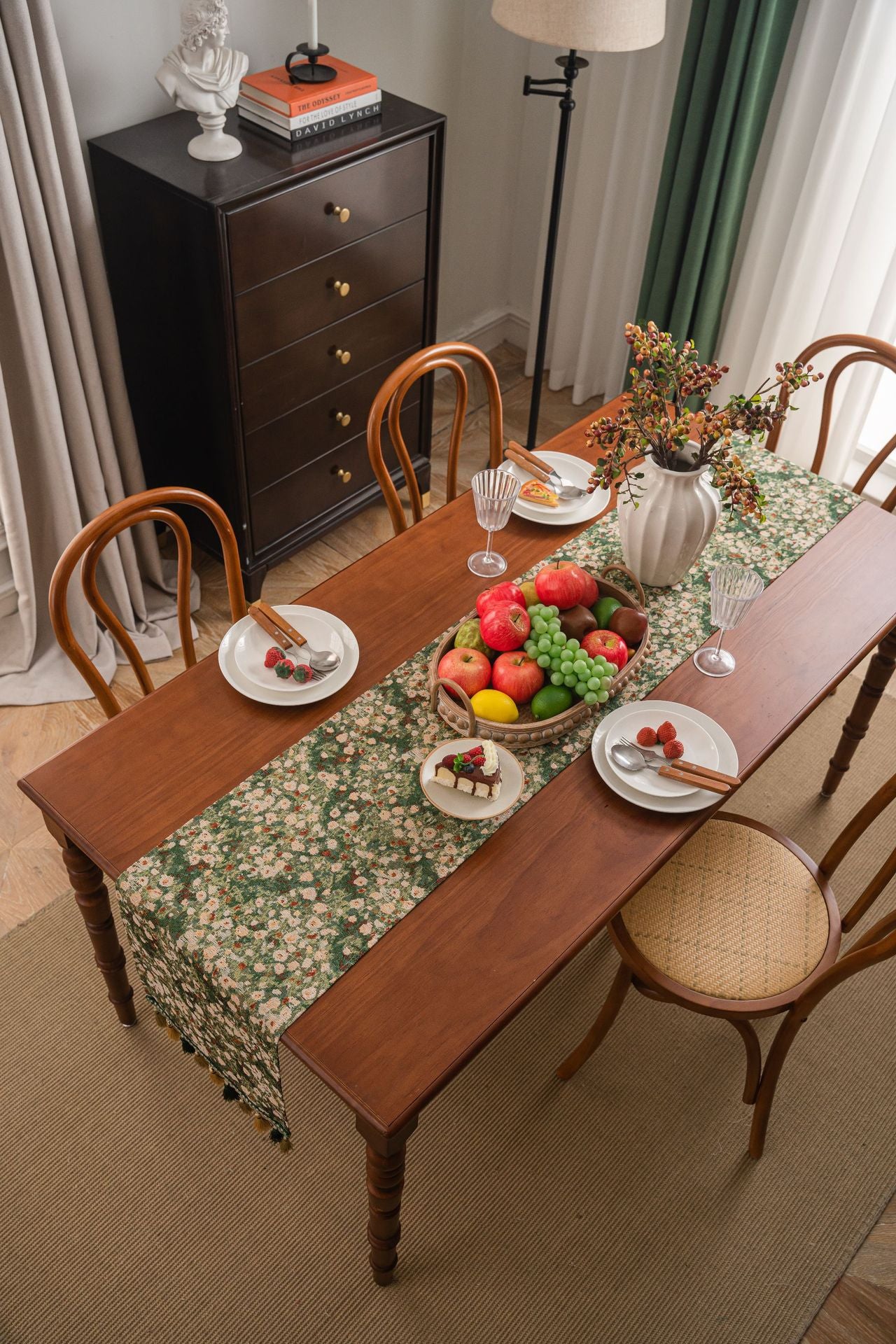 Floral Table Runner with Tassels - Jacquard Green Farmhouse Style (33x275cm)