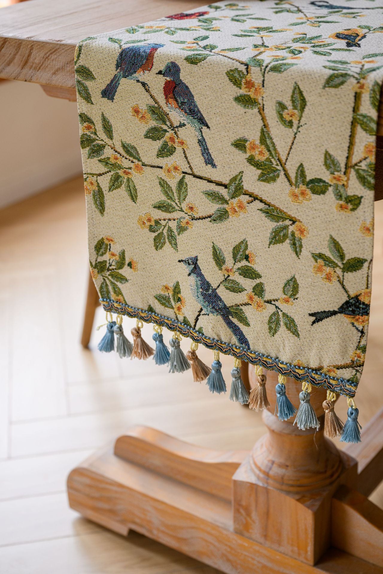 Birds & Branch Table Runner - Jacquard Woven Beige with Tassels(33X180CM)