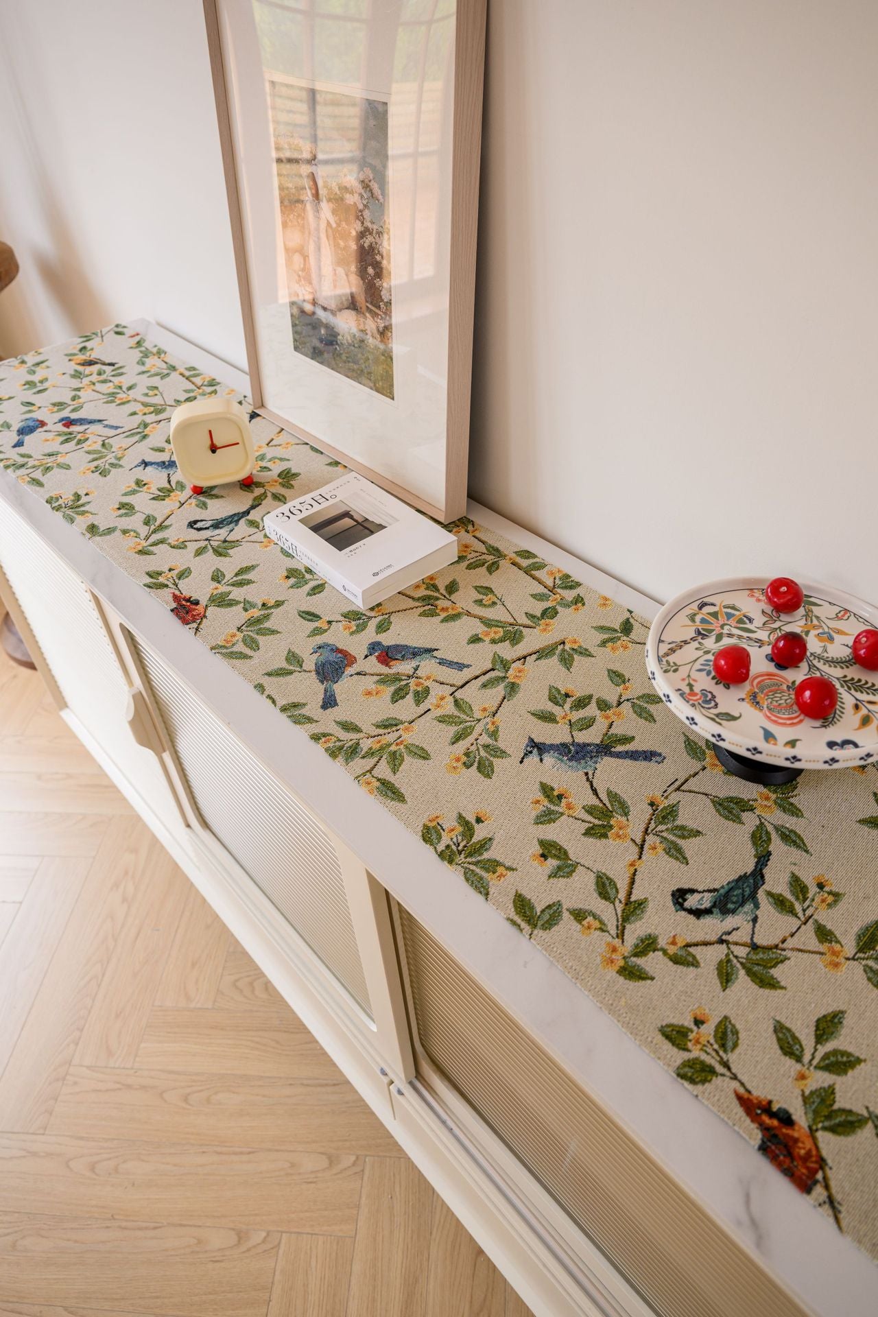 Birds & Branch Table Runner - Jacquard Woven Beige with Tassels(33X220CM)