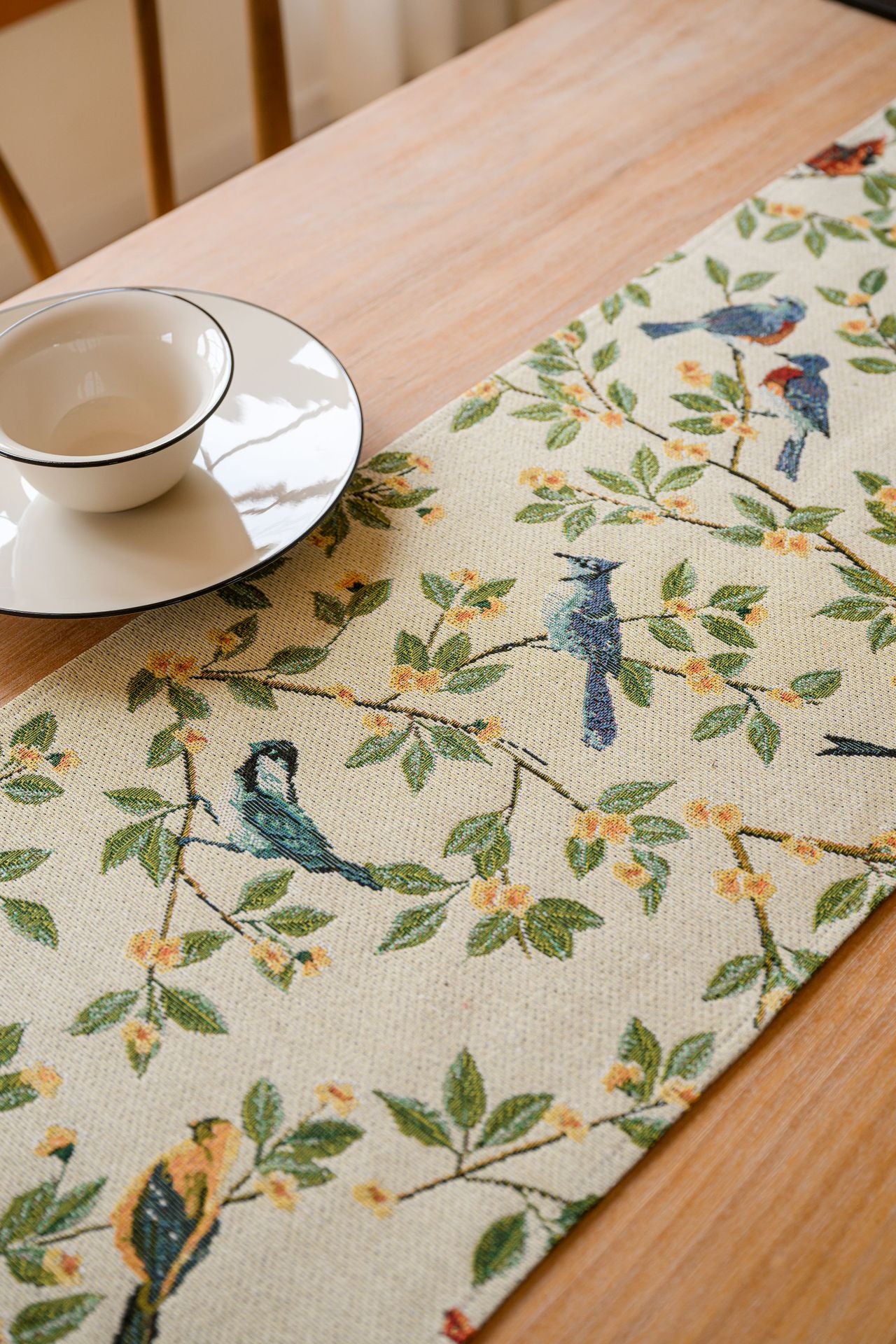Birds & Branch Table Runner - Jacquard Woven Beige with Tassels(33X350CM)