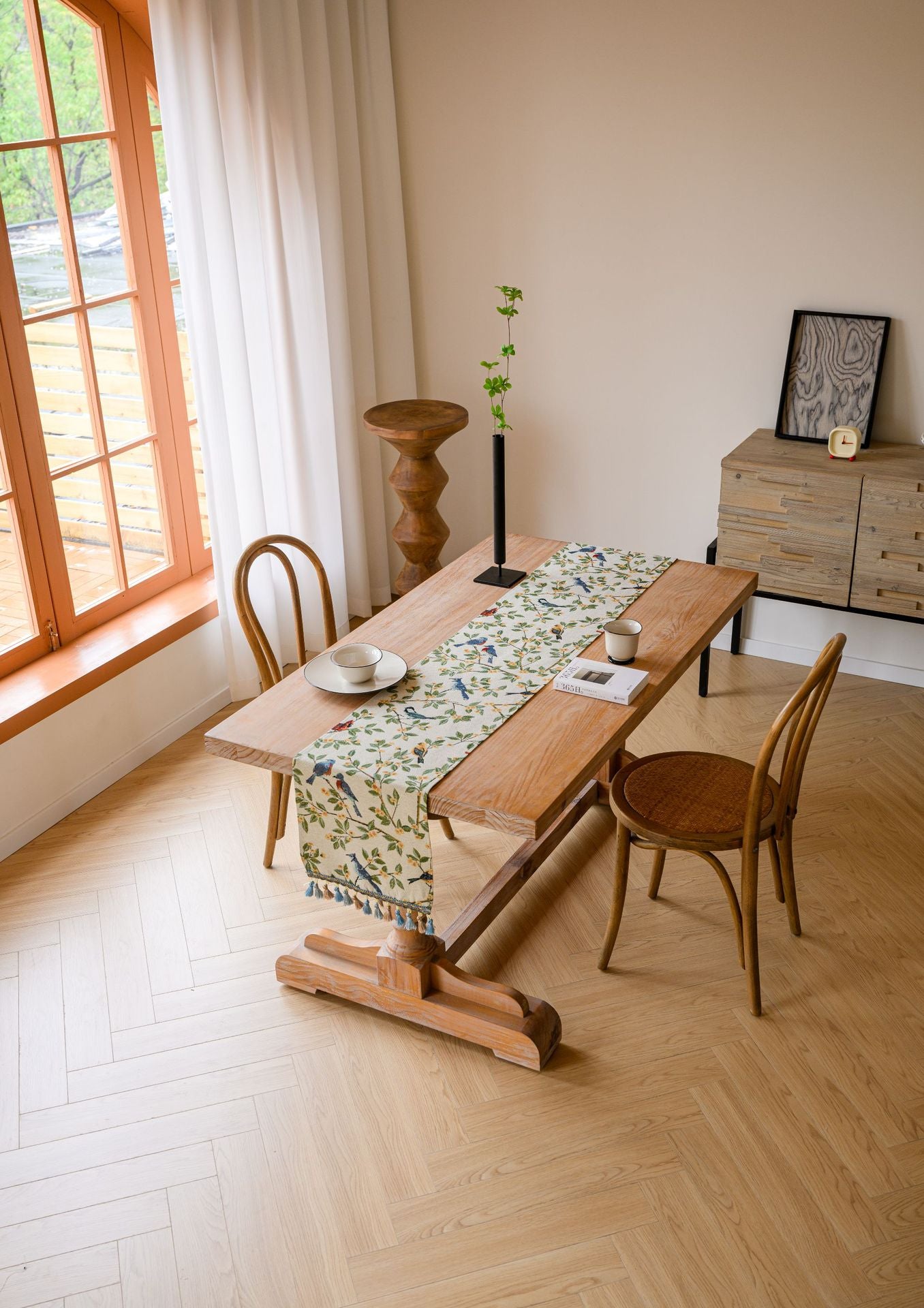 Birds & Branch Table Runner - Jacquard Woven Beige with Tassels(33X400CM)