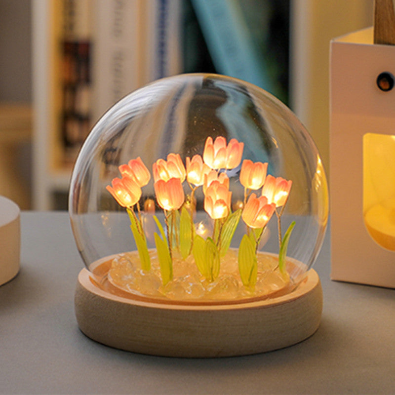 (Ten Pink Tulips) Glowing Tulip Dome Lamp -  Wooden Base, Bedside Table Decoration
