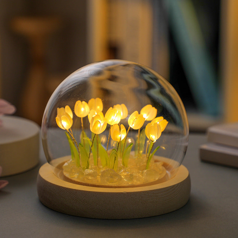 (Ten Yellow Tulips) Glowing Tulip Dome Lamp -  Wooden Base, Bedside Table Decoration