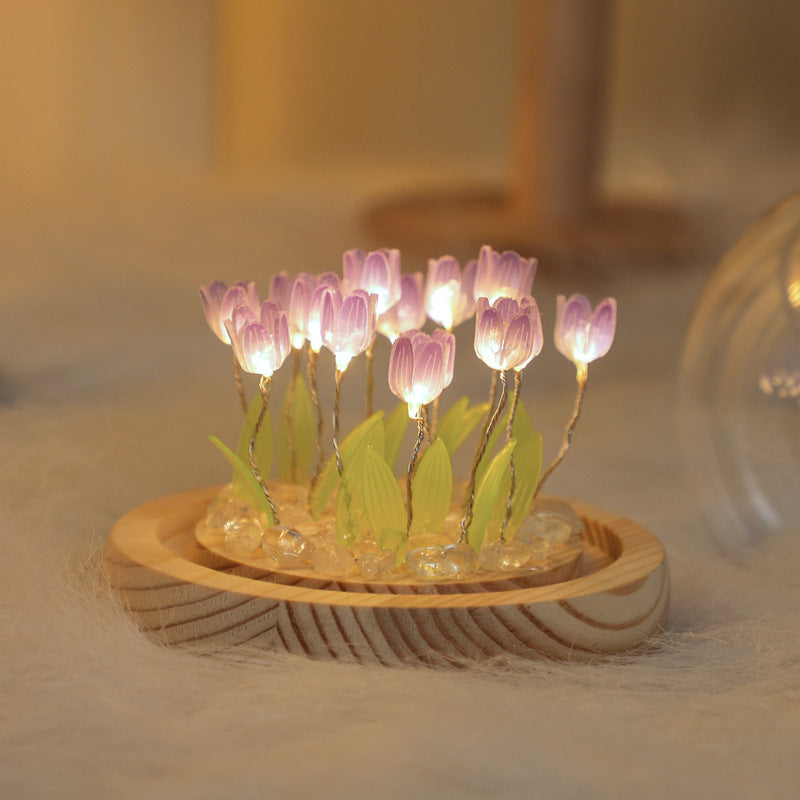 (Thirteen Purple Tulips) Glowing Tulip Dome Lamp -  Wooden Base, Bedside Table Decoration