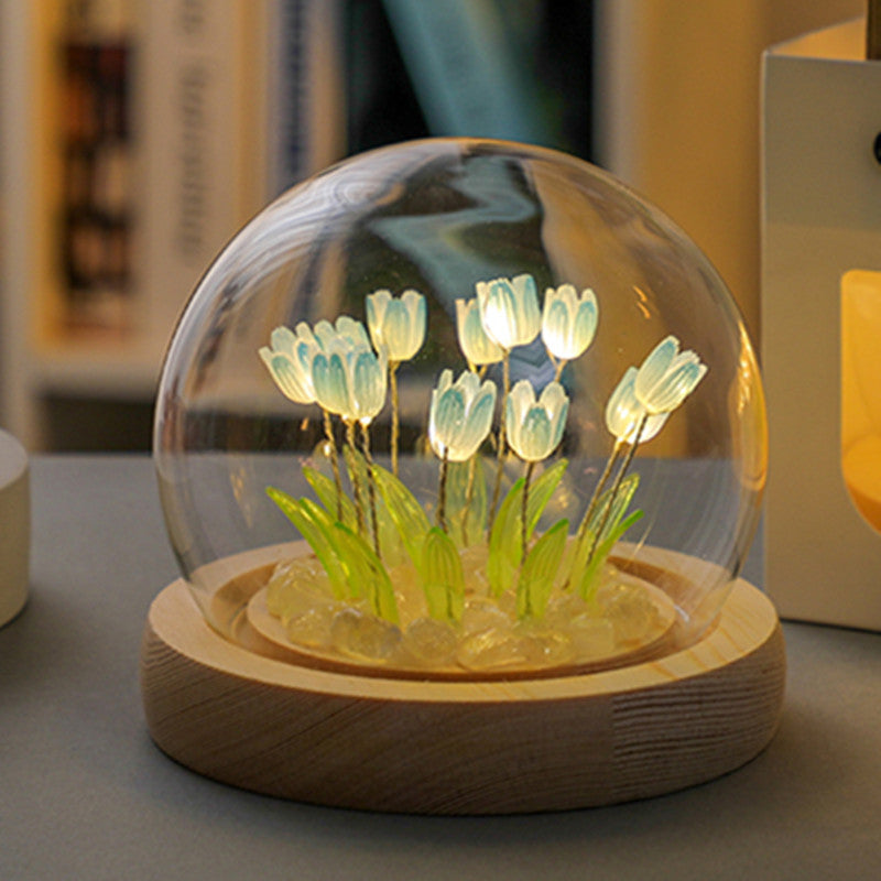 (Sixteen Blue Tulips) Glowing Tulip Dome Lamp -  Wooden Base, Bedside Table Decoration