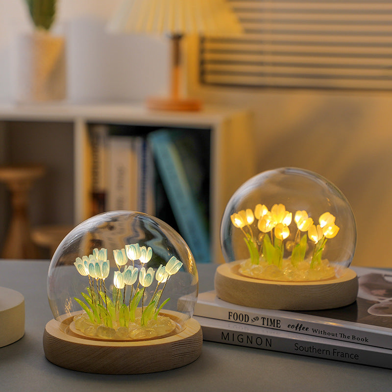 (Twenty Blue Tulips) Glowing Tulip Dome Lamp -  Wooden Base, Bedside Table Decoration