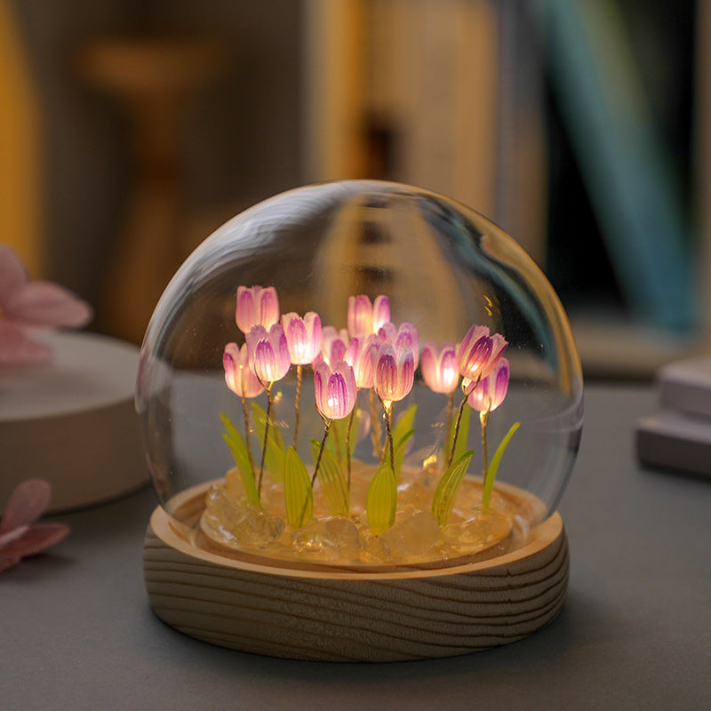 (Twenty Purple Tulips) Glowing Tulip Dome Lamp -  Wooden Base, Bedside Table Decoration