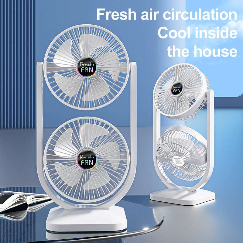 White Dual Head USB Rechargeable Desk Fan - Portable Double Air Circulator