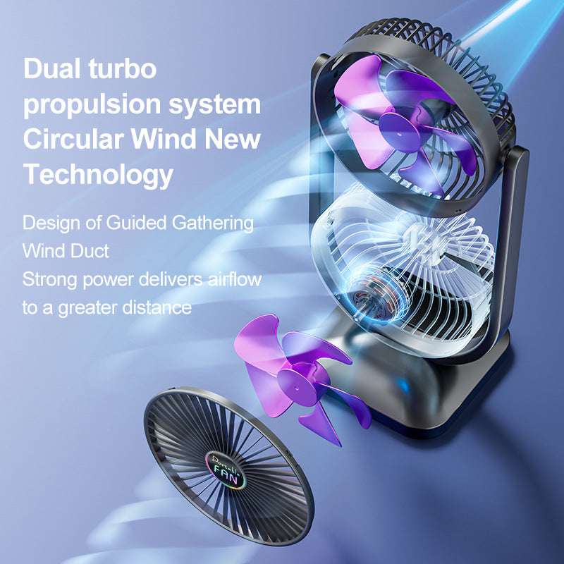 White Dual Head USB Rechargeable Desk Fan - Portable Double Air Circulator