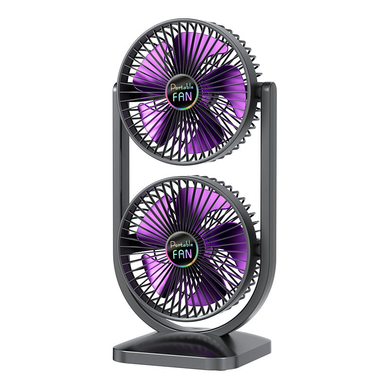 Purple Dual Head USB Rechargeable Desk Fan - Portable Double Air Circulator