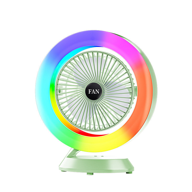 Green RGB Desktop Fan - USB Rechargeable, 3-Speed, 180° Adjustable, LED Light
