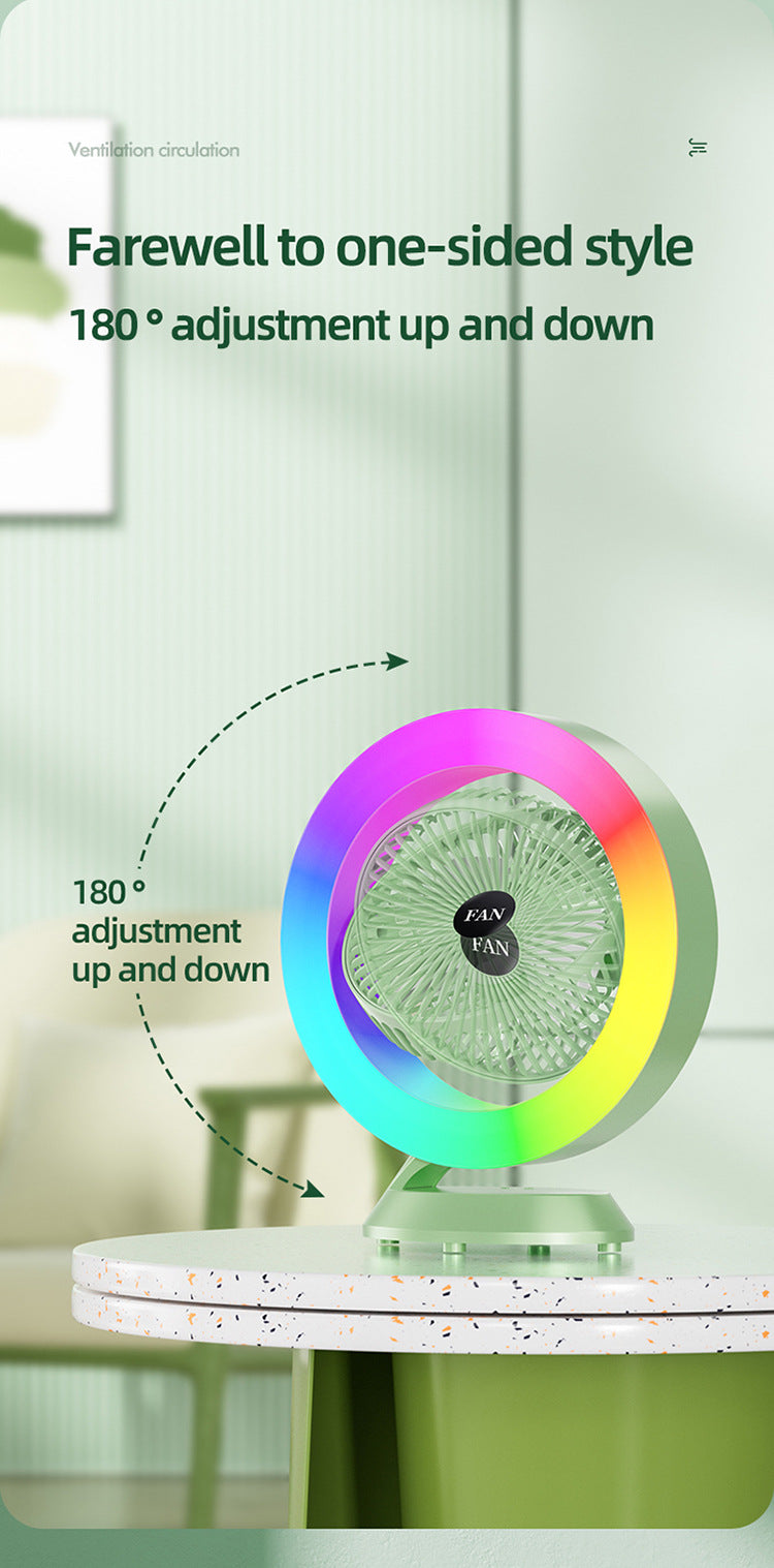 White RGB Desktop Fan - USB Rechargeable, 3-Speed, 180° Adjustable, LED Light