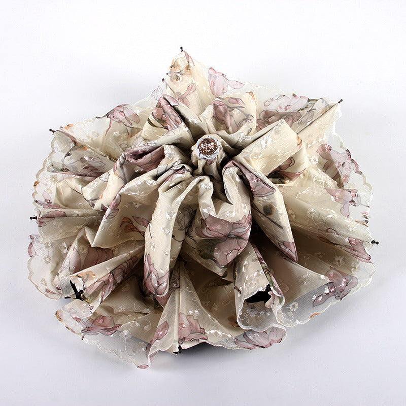 Apricot yellow Elegant Lace Parasol - UV Protection, Sun & Rain Umbrella, Tri-Fold Design