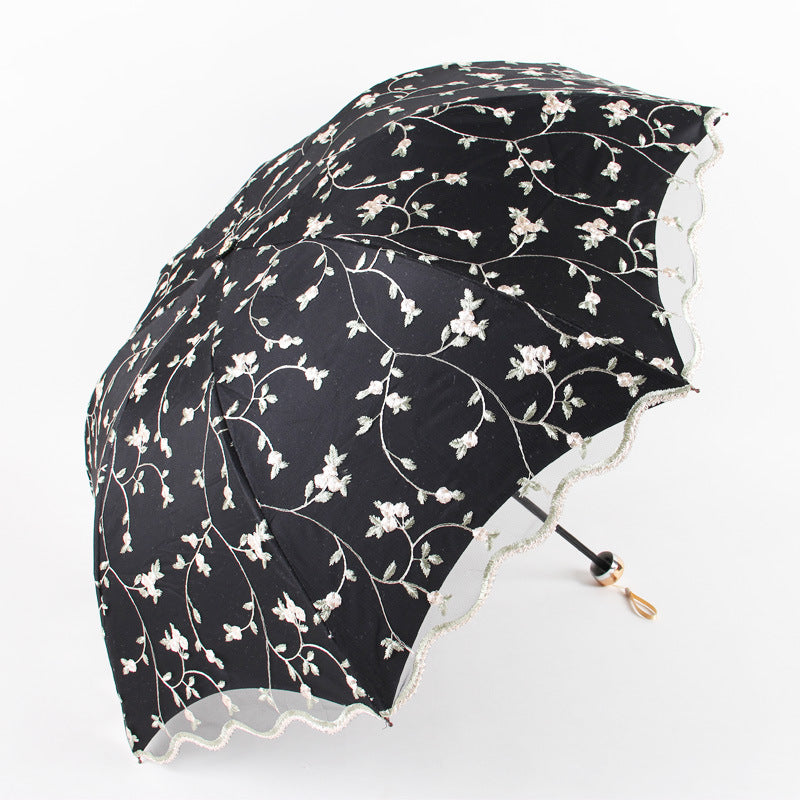 Ivy black Elegant Lace Parasol - UV Protection, Sun & Rain Umbrella, Tri-Fold Design