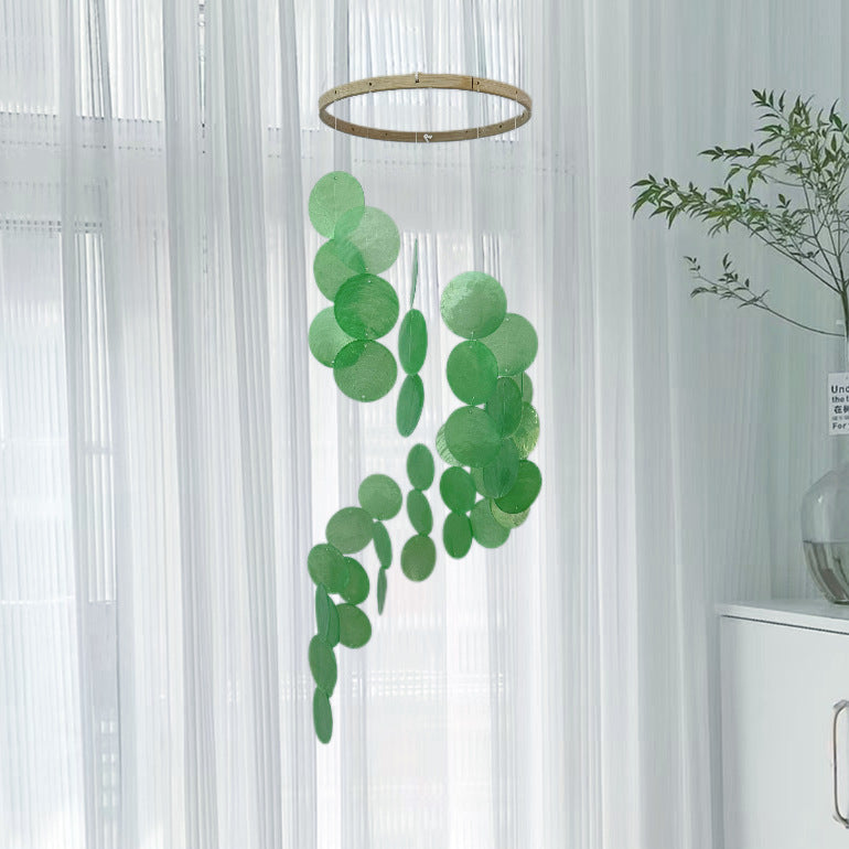 Green dream catcher wind chime with hanging circular bead clusters