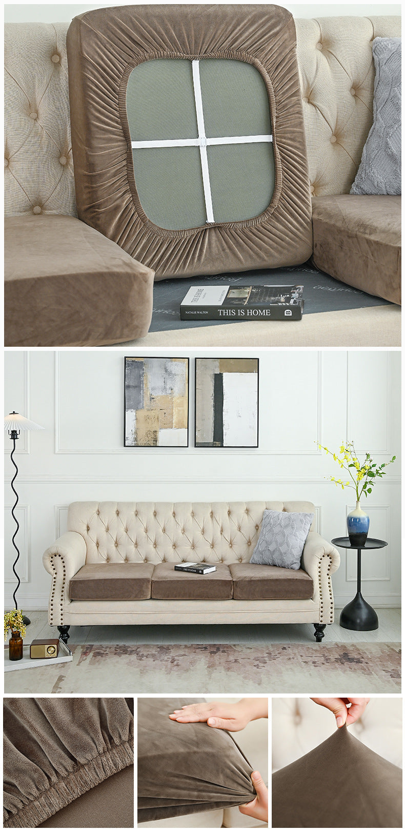 Beige sofa cover set with rounded oval opening and matching seat arm panels